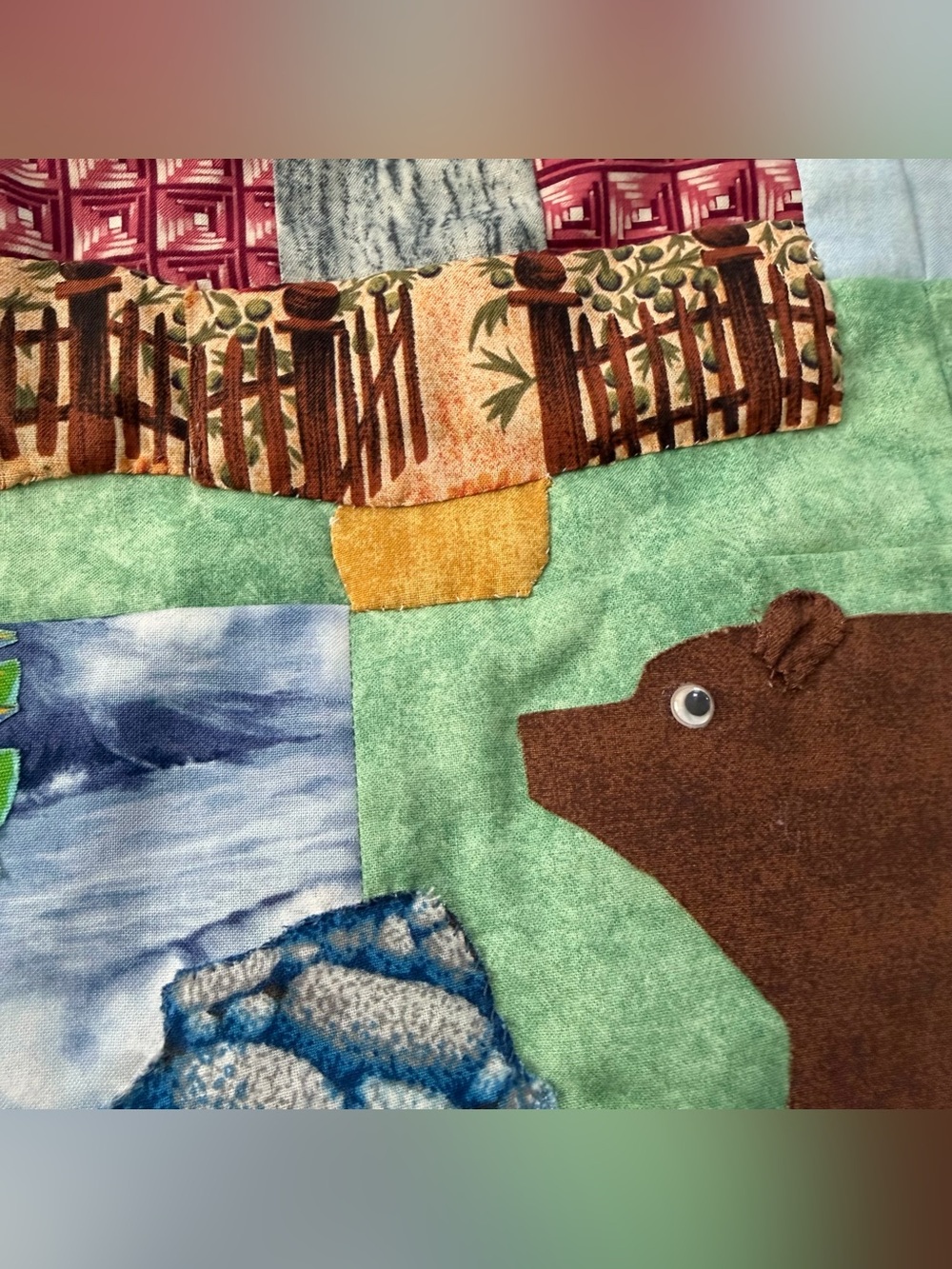 Wall Hanging Quilt Throw Country Cabin Bear Fish‎ Lodge Pine Trees Moon 24”x 24” - Picture 9 of 11
